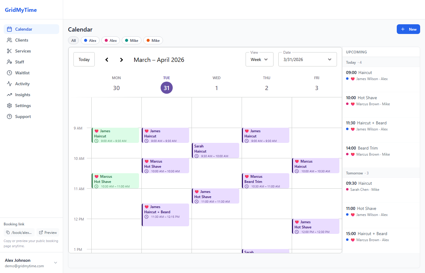 GridMyTime calendar dashboard showing a week of appointments with staff scheduling and upcoming bookings sidebar